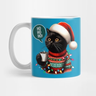 Santa Black Cat Tangled Up In Christmas Tree Lights Holiday Mug